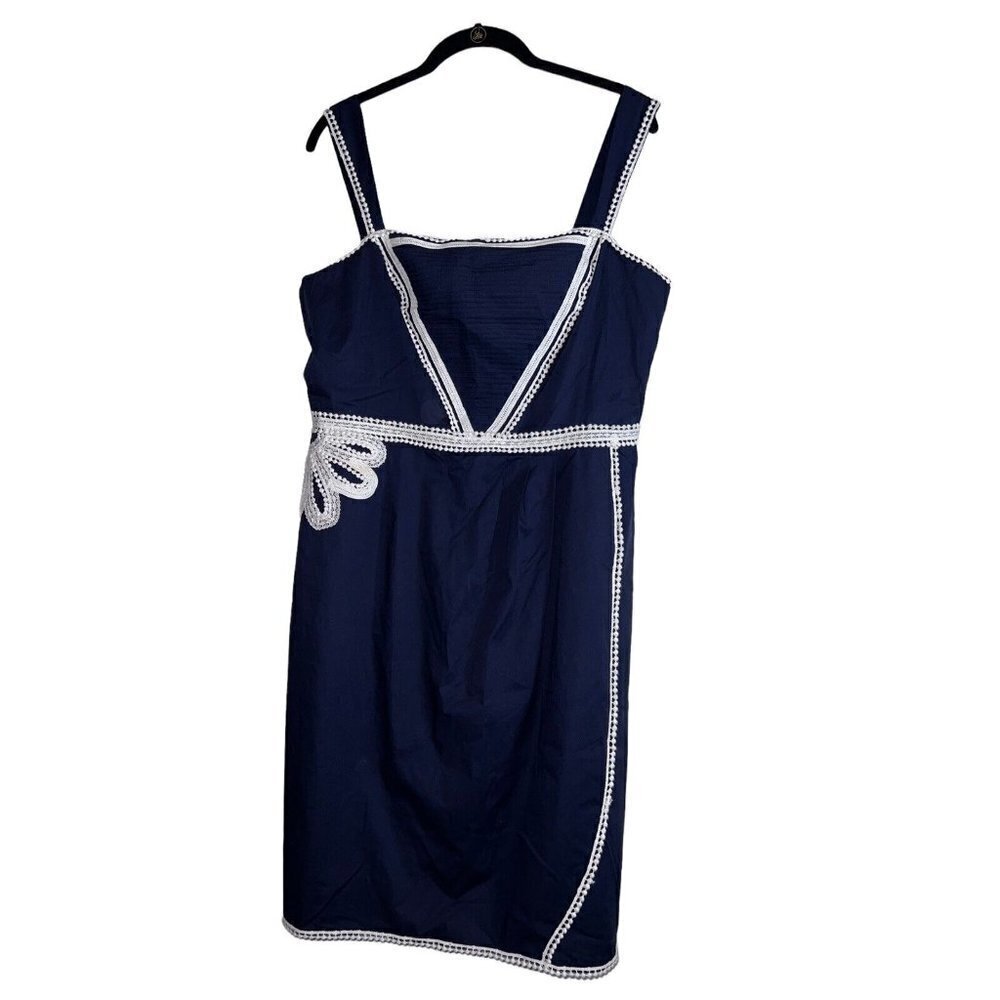 ANTONIO MELANI Stretch Navy White Pom Pom Trim Sleeveless Sheat Dress
